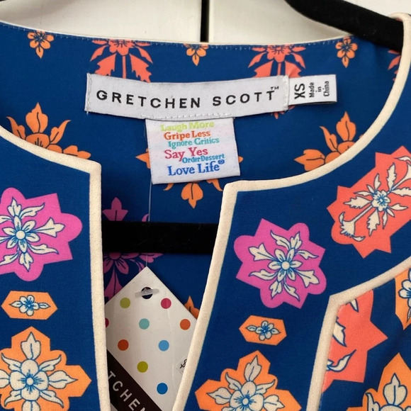 Gretchen‎ Scott Split Neck Dress Haveli New Size XS Navy Orange Pink Printed - Picture 6 of 10